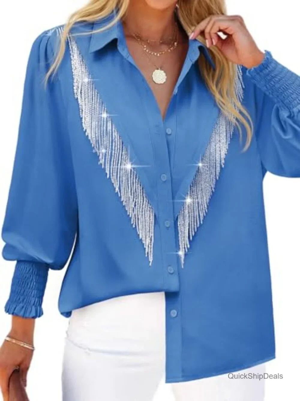 Sparkly Fringe Western Cowgirl Button Down Shirt Long Sleeve Smocked Cuff